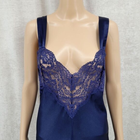 Vanity Fair Vintage Blue Satin Maxi Length Slip Dress Open Back Lace Panel Chest - Picture 6 of 13